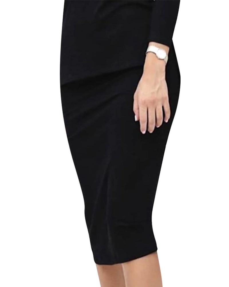 Front of a model wearing a size XL Ribbed Pencil Skirt In Black in Black by Daniella Faye. | dia_product_style_image_id:357766